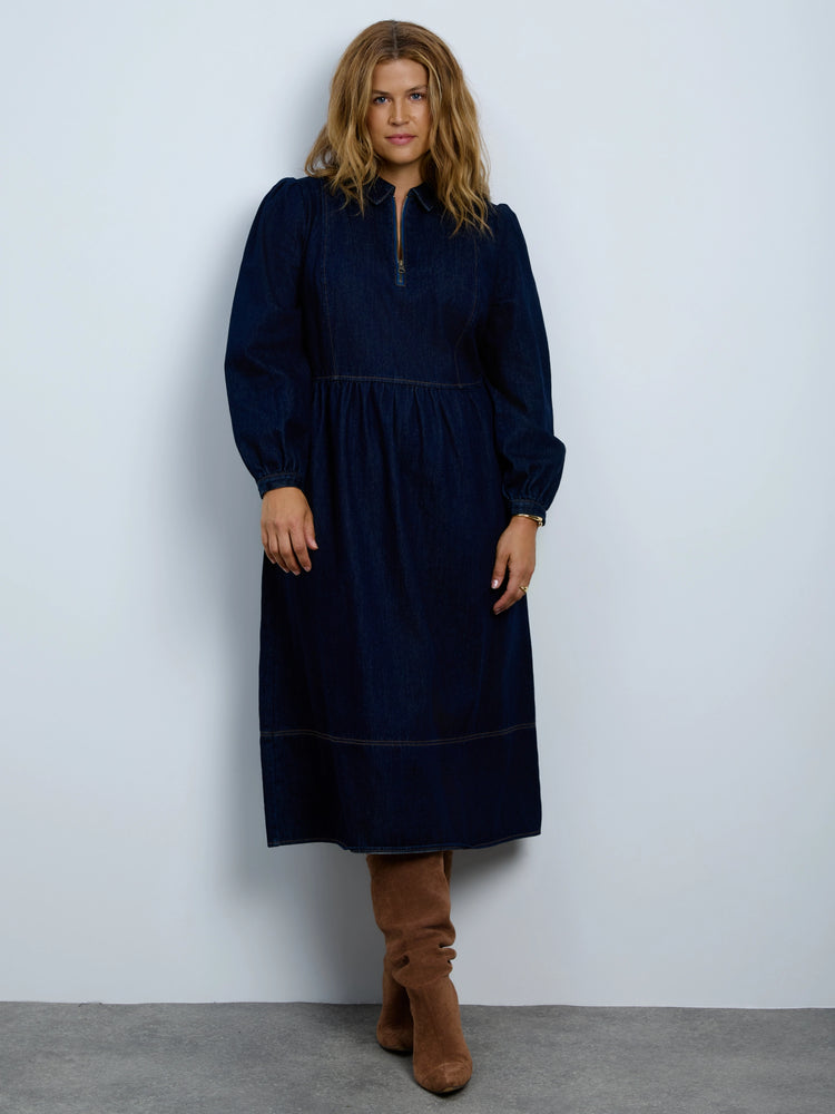 Denim Seamed Quater Zip Midaxi Dress