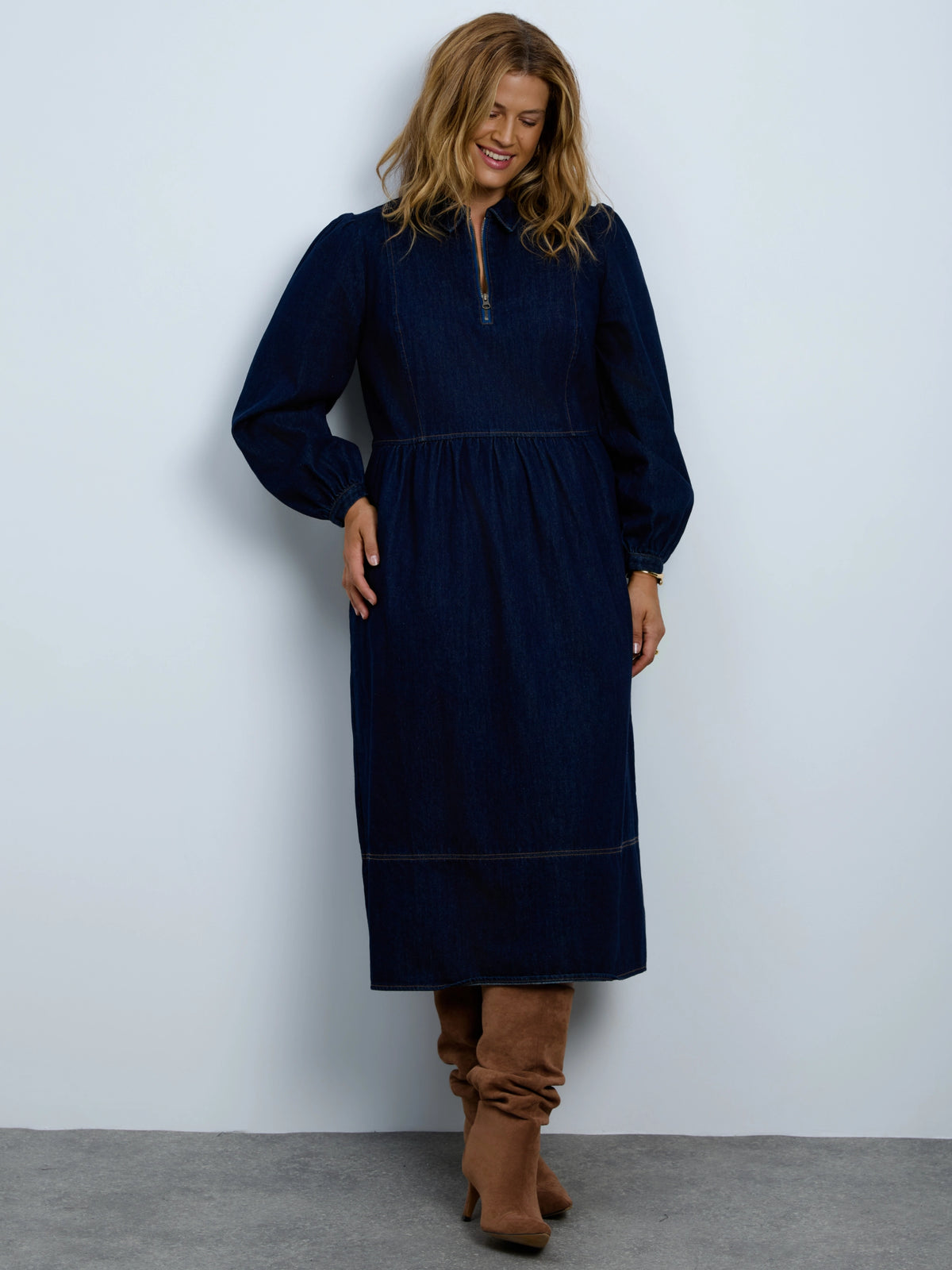 Denim Seamed Quater Zip Midaxi Dress
