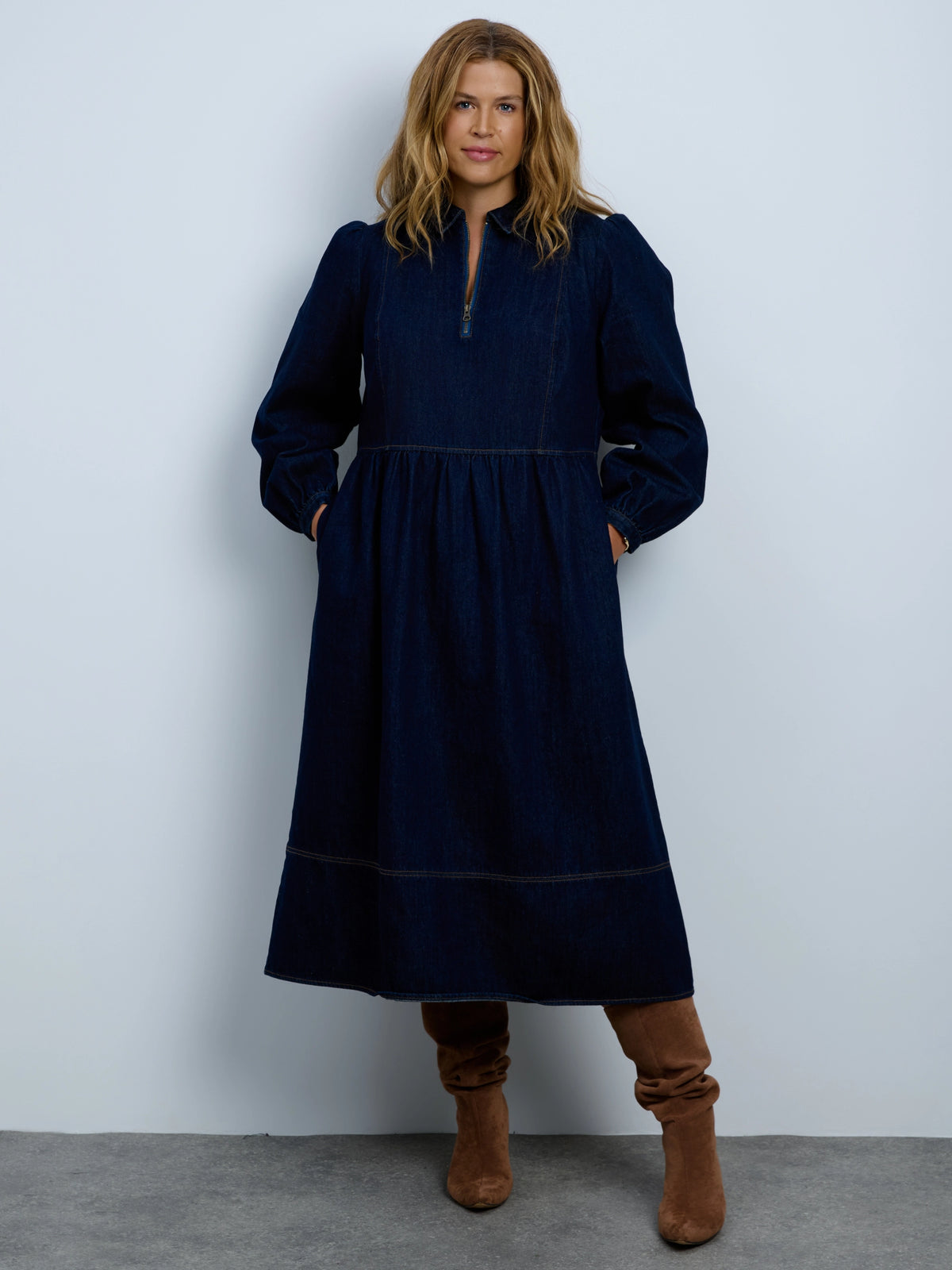 Denim Seamed Quater Zip Midaxi Dress