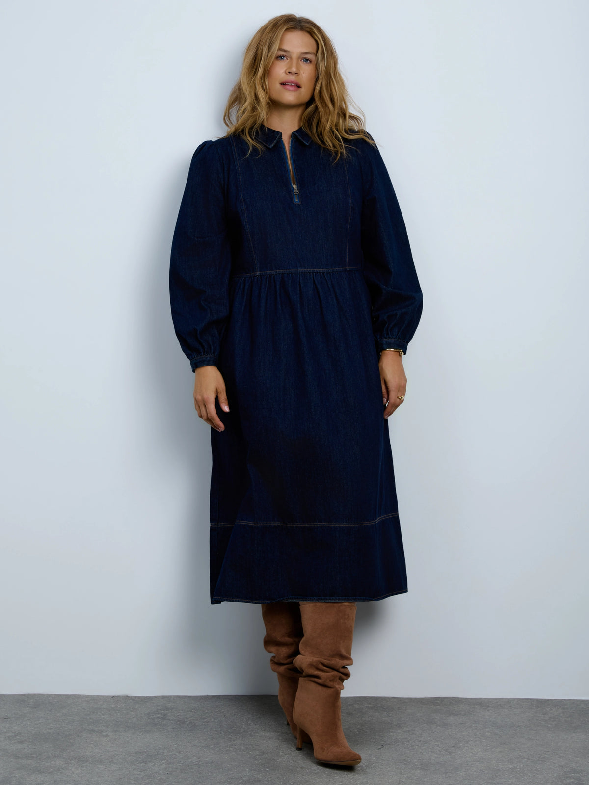 Denim Seamed Quater Zip Midaxi Dress