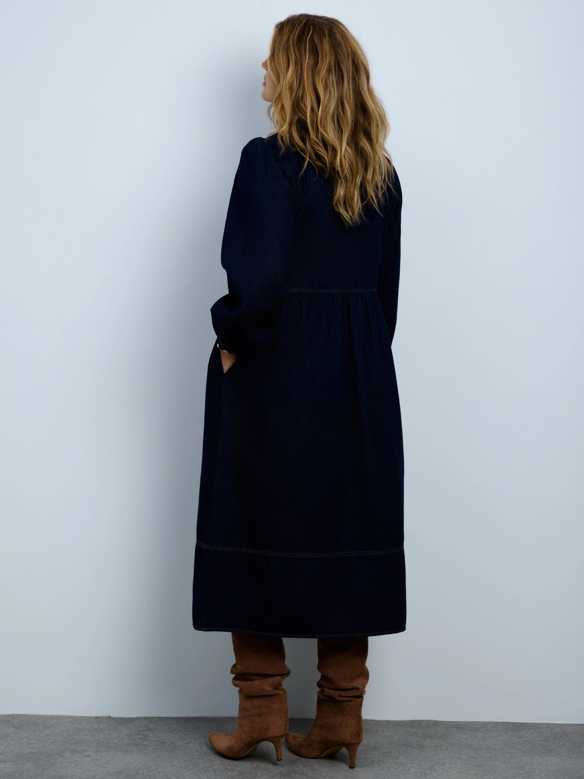Denim Seamed Quater Zip Midaxi Dress