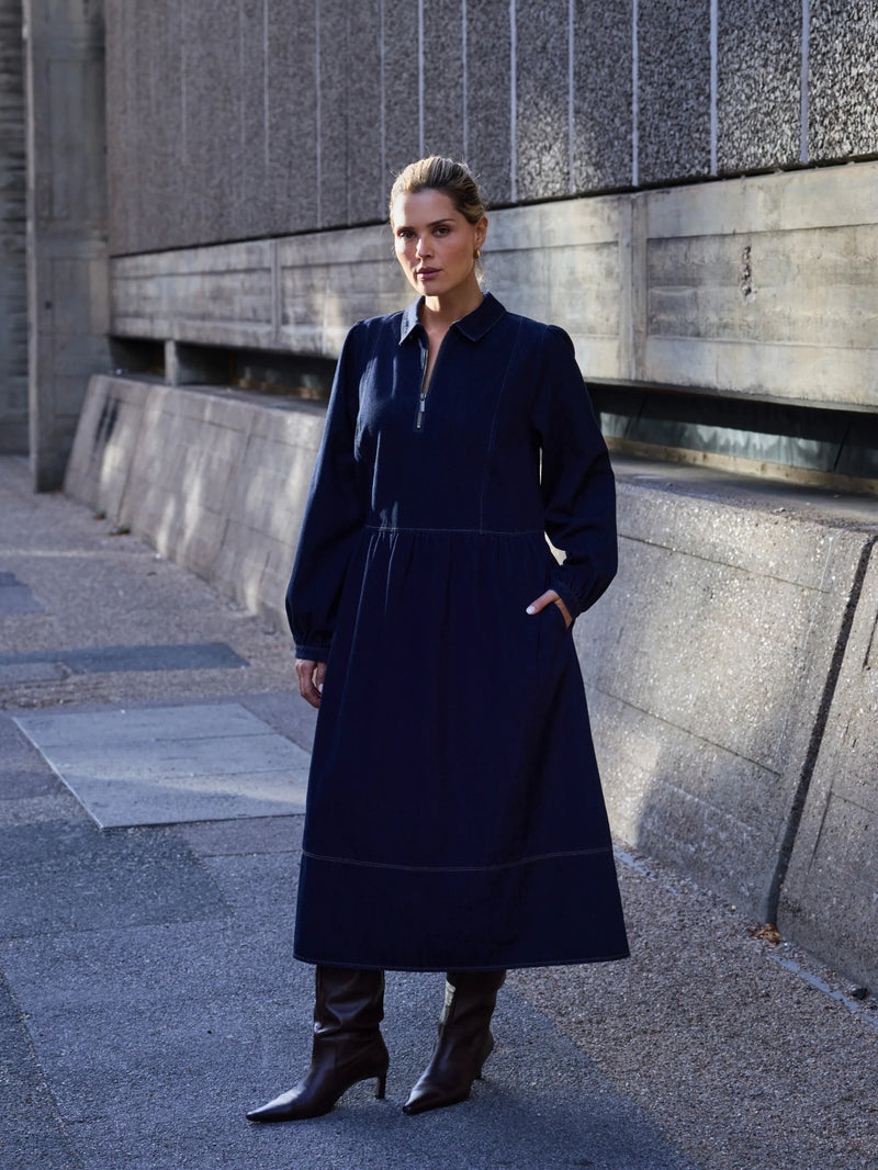 Denim Seamed Quater Zip Midaxi Dress