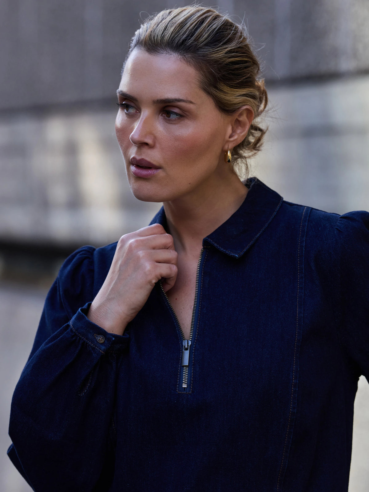 Denim Seamed Quarter Zip Midaxi Dress