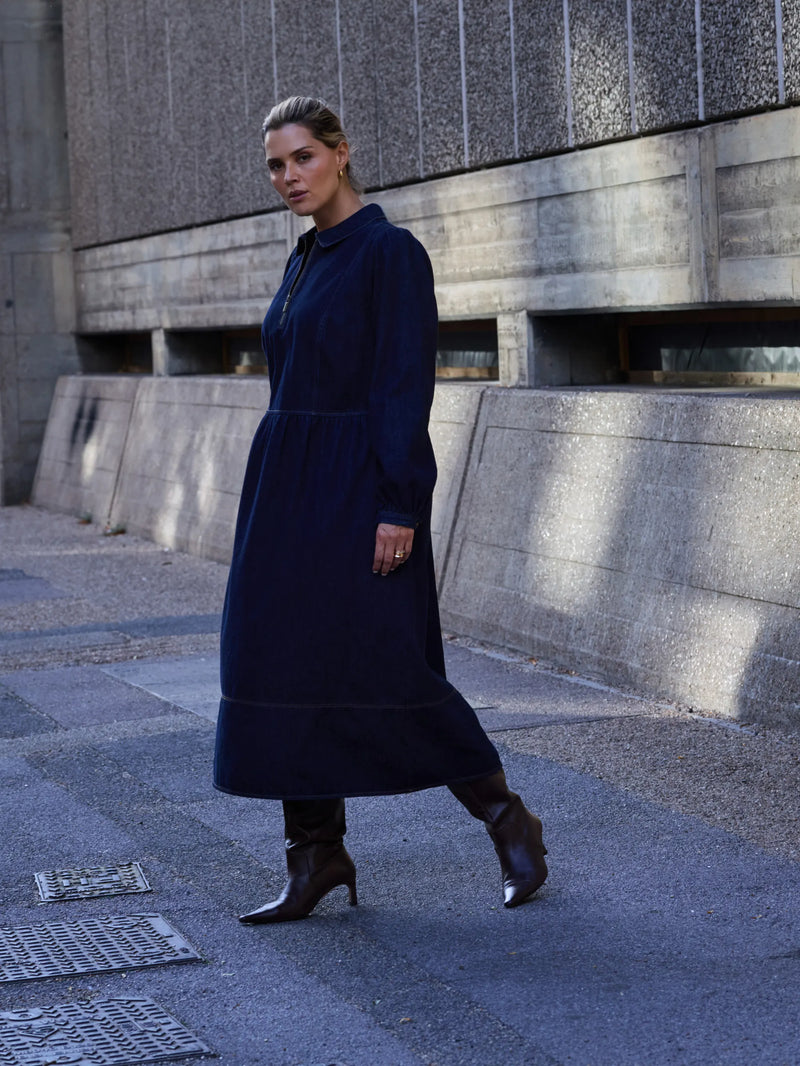 Denim Seamed Quater Zip Midaxi Dress