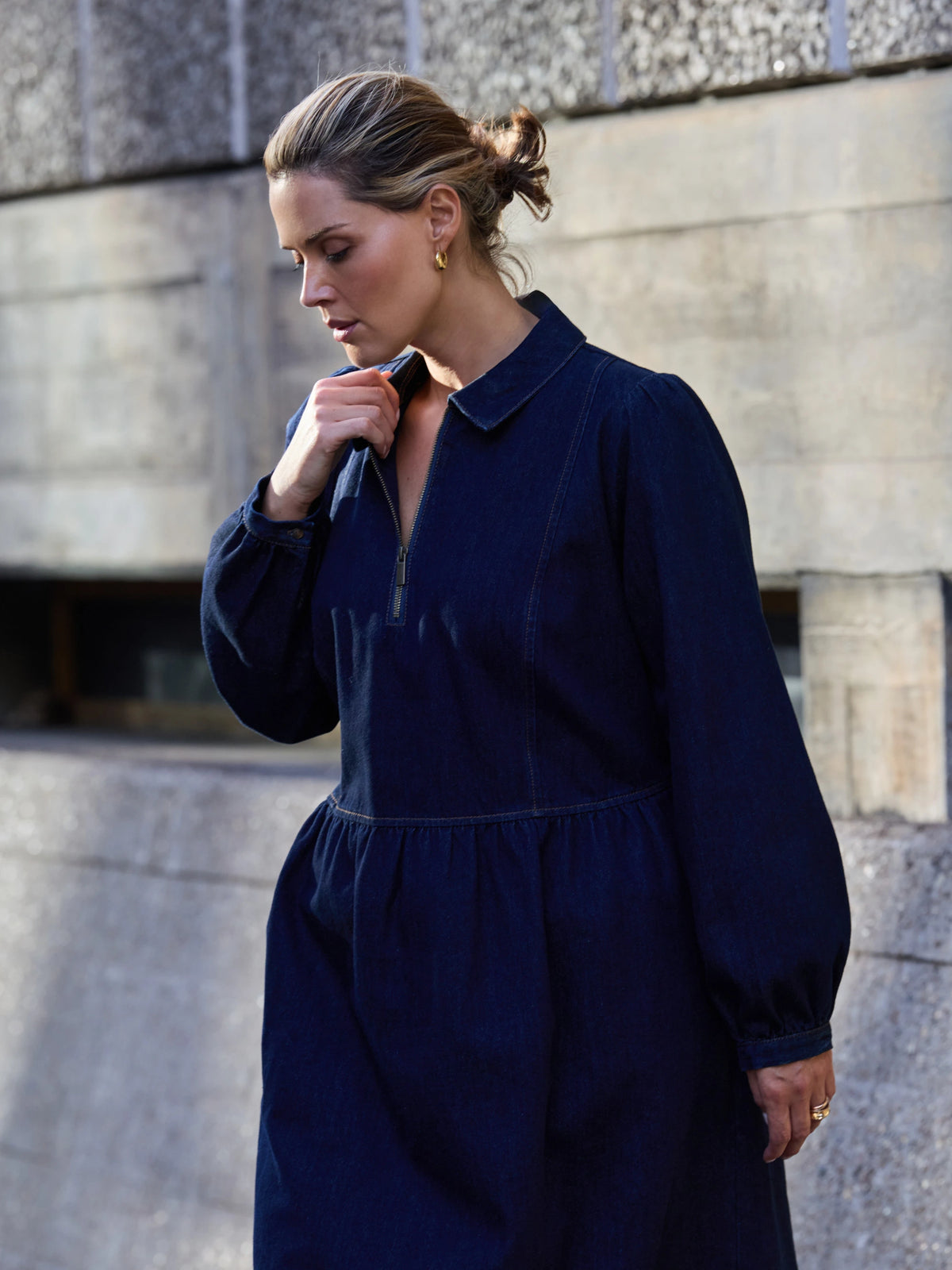 Denim Seamed Quarter Zip Midaxi Dress