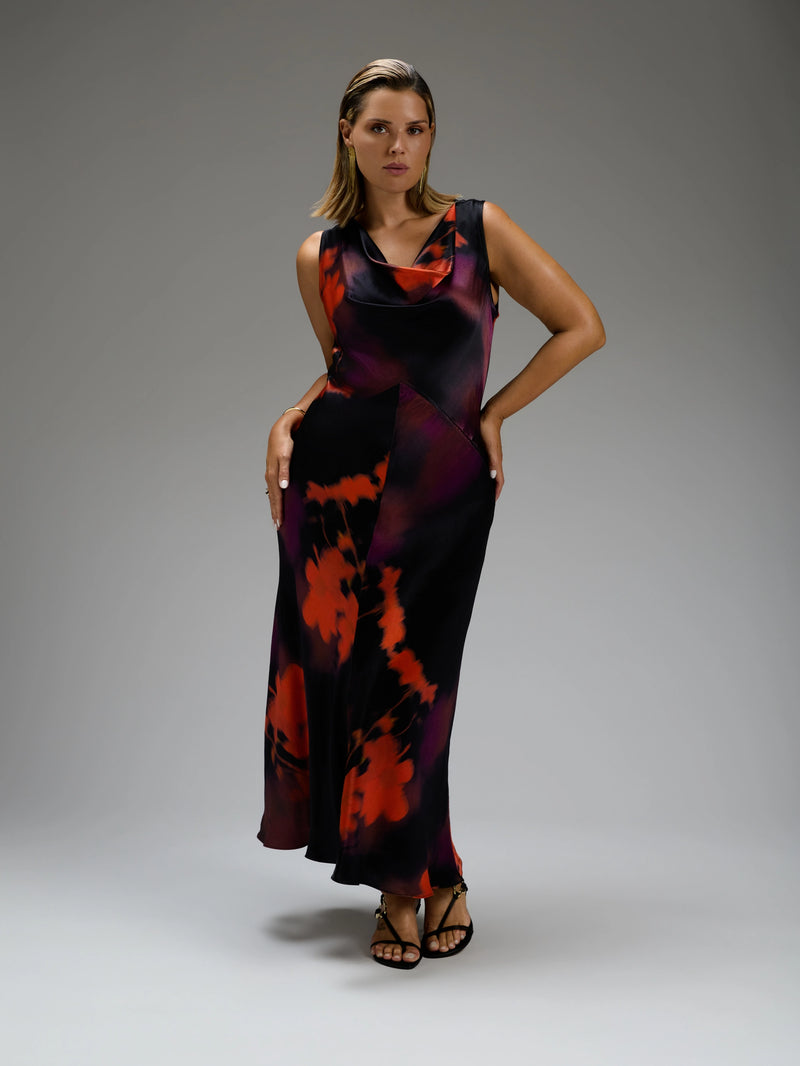 Red Floral Cowl Neck Sleeveless Dress