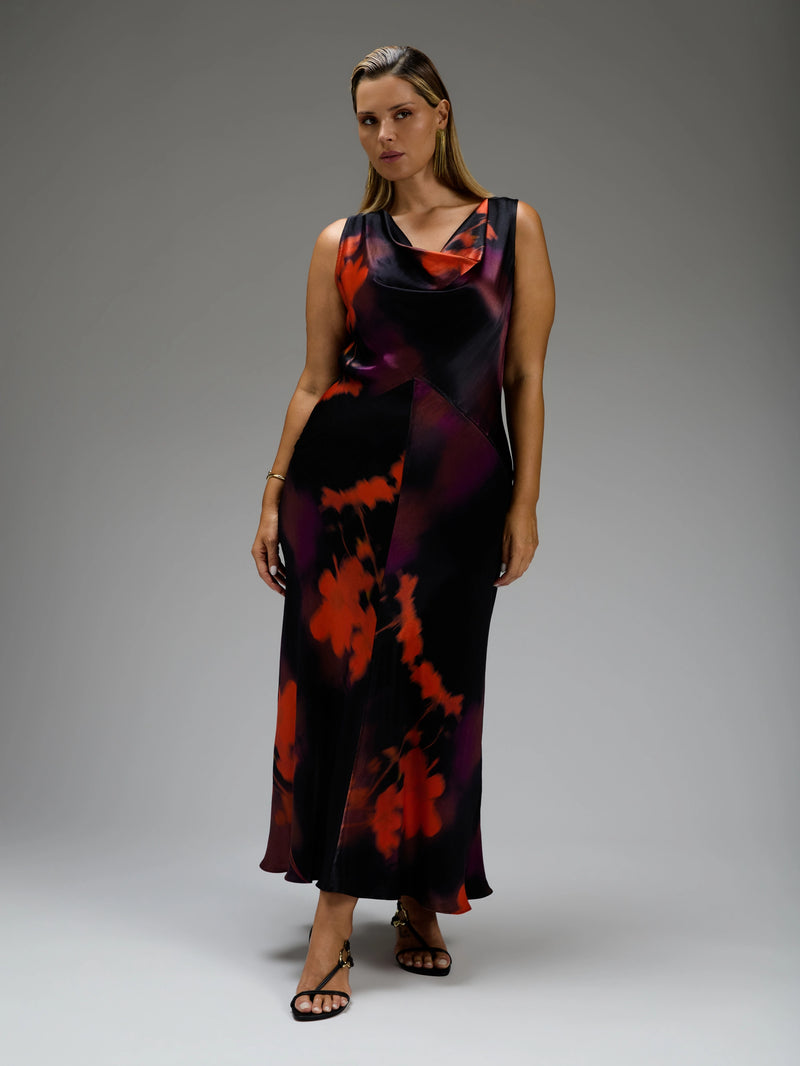 Red Floral Cowl Neck Sleeveless Dress