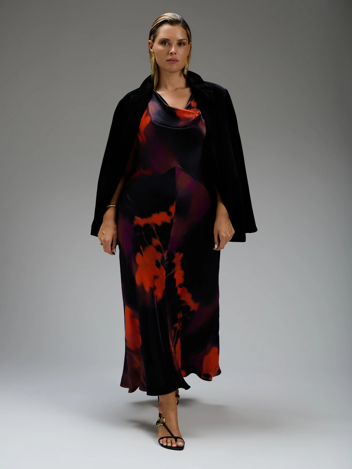 Red Floral Cowl Neck Sleeveless Dress