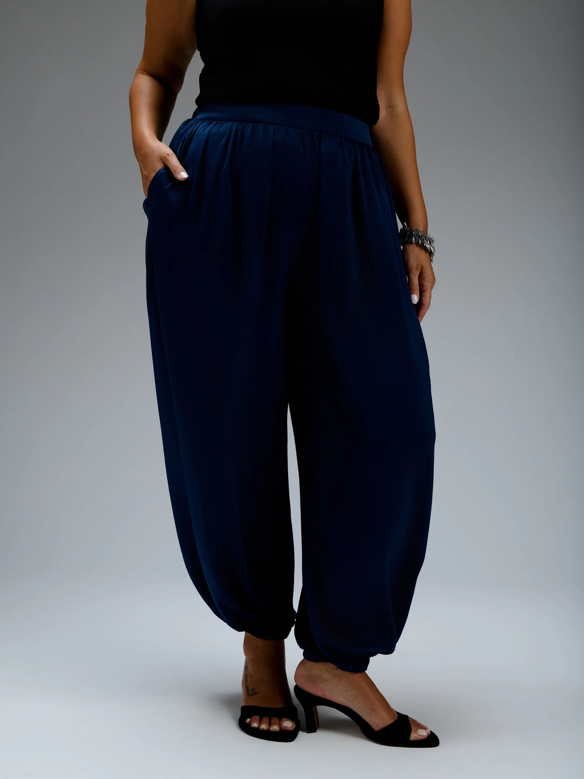 Navy Satin Balloon Trousers