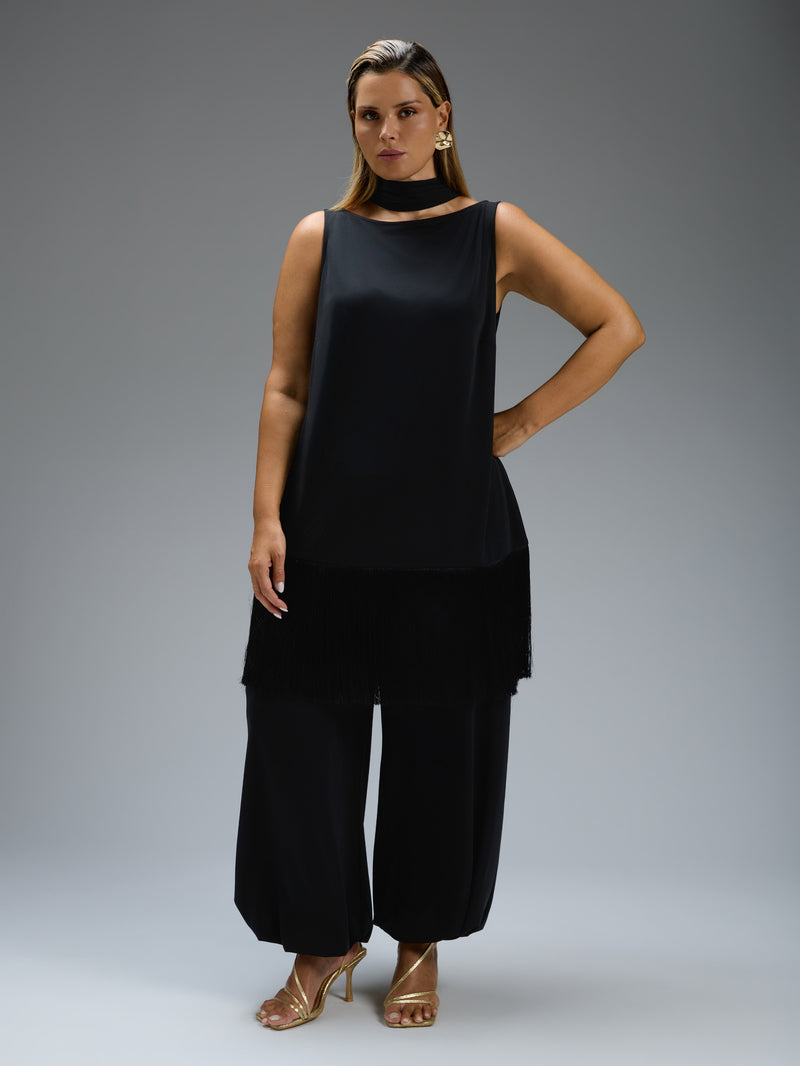 Black Slash Neck Fringe Top