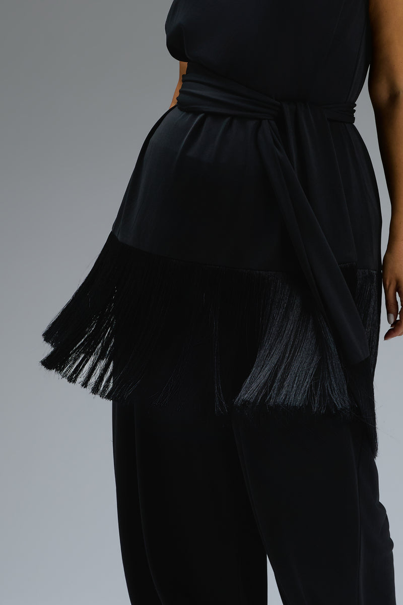 Black Slash Neck Fringe Top