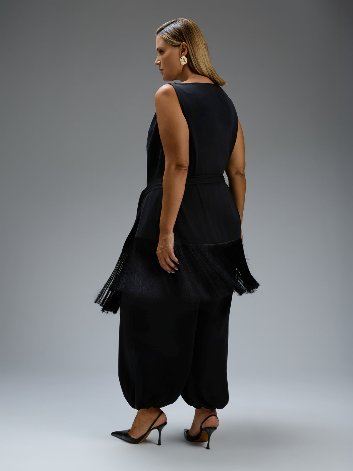 Black Slash Neck Fringe Top