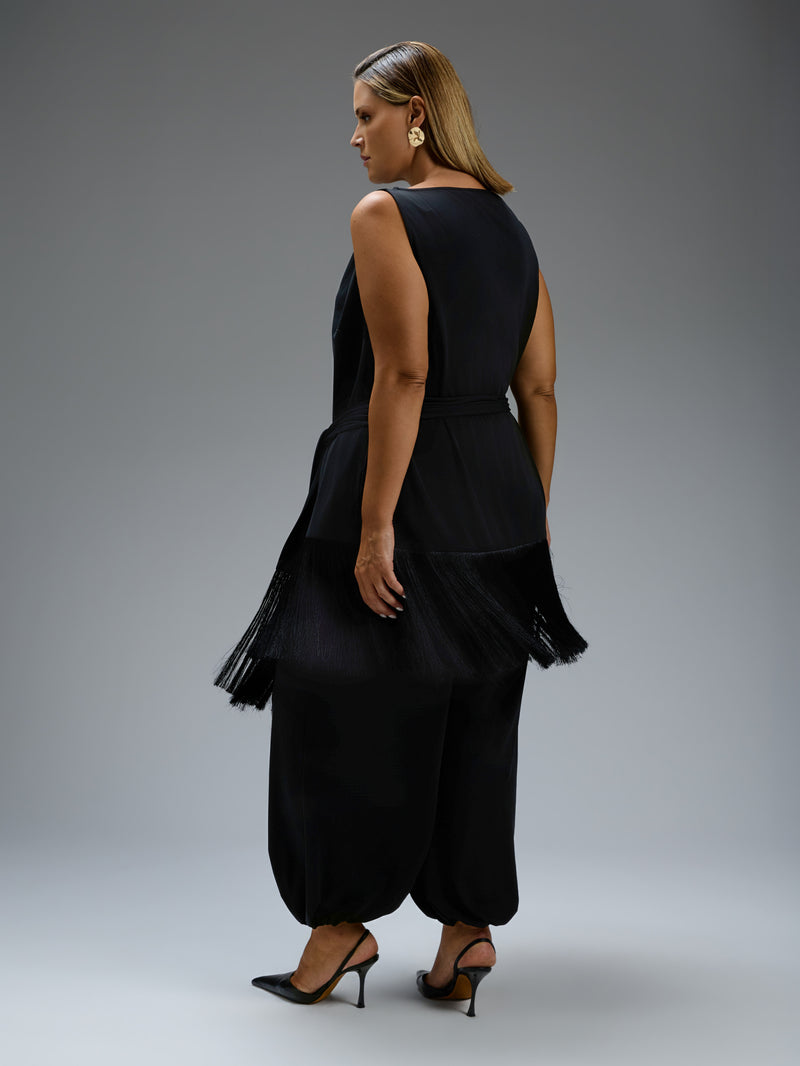 Black Slash Neck Fringe Top