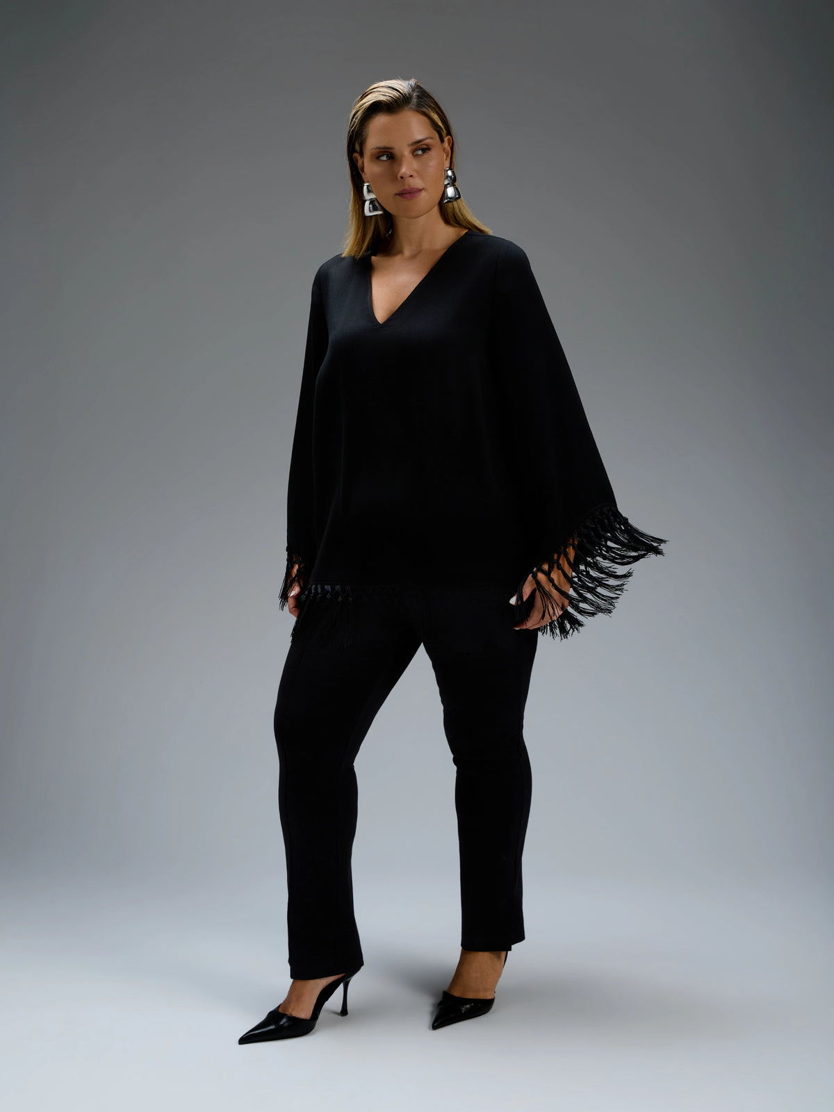 Black Fringe Long Sleeve Blouse