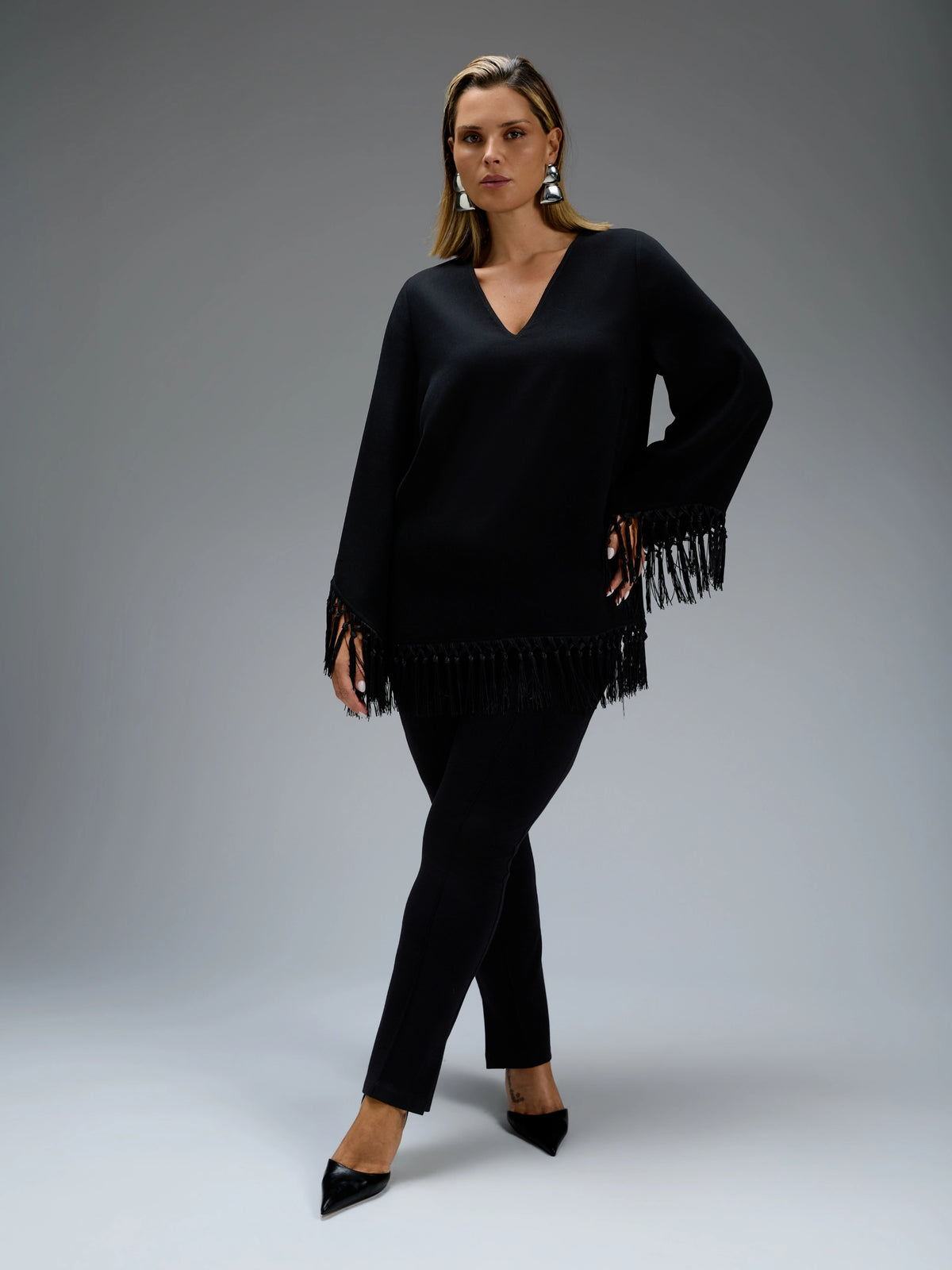 Black Fringe Long Sleeve Blouse
