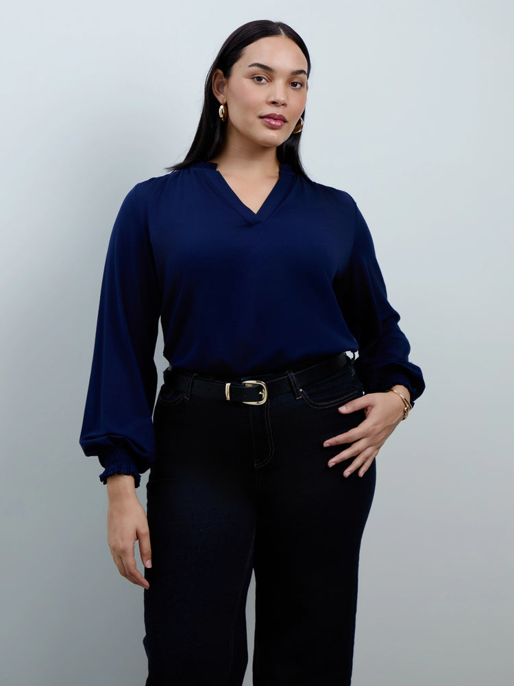 Navy Jersey Ruffle Neck Long Sleeve Blouse