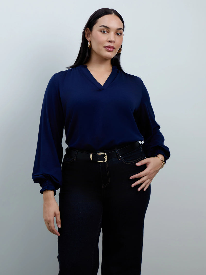 Navy Jersey Ruffle Neck Long Sleeve Blouse