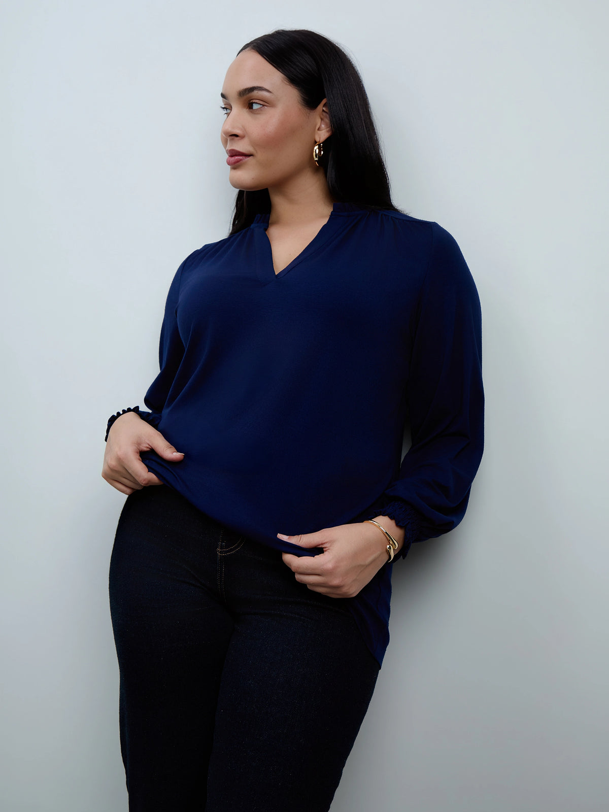 Navy Jersey Ruffle Neck Long Sleeve Blouse