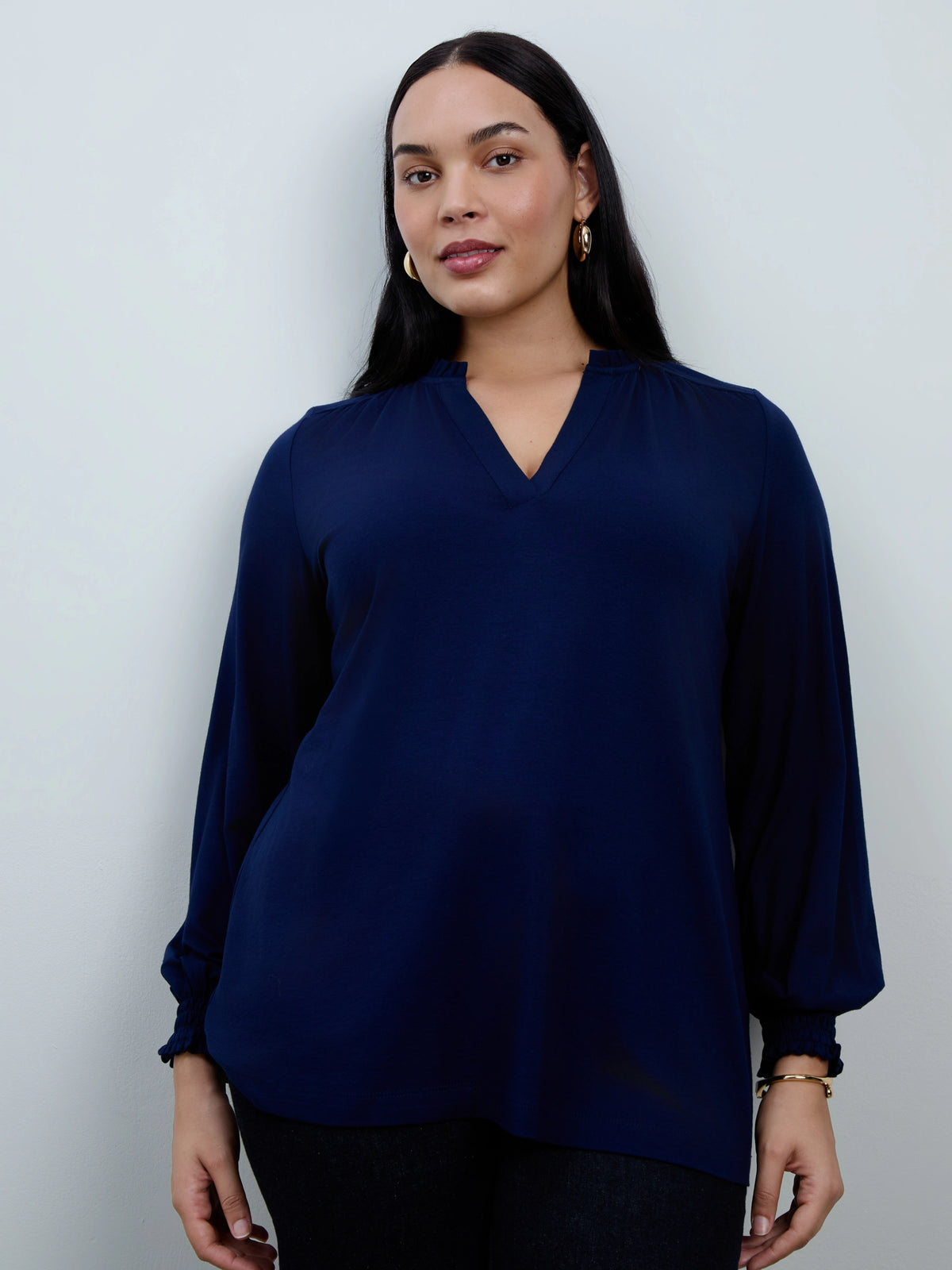Navy Jersey Ruffle Neck Long Sleeve Blouse