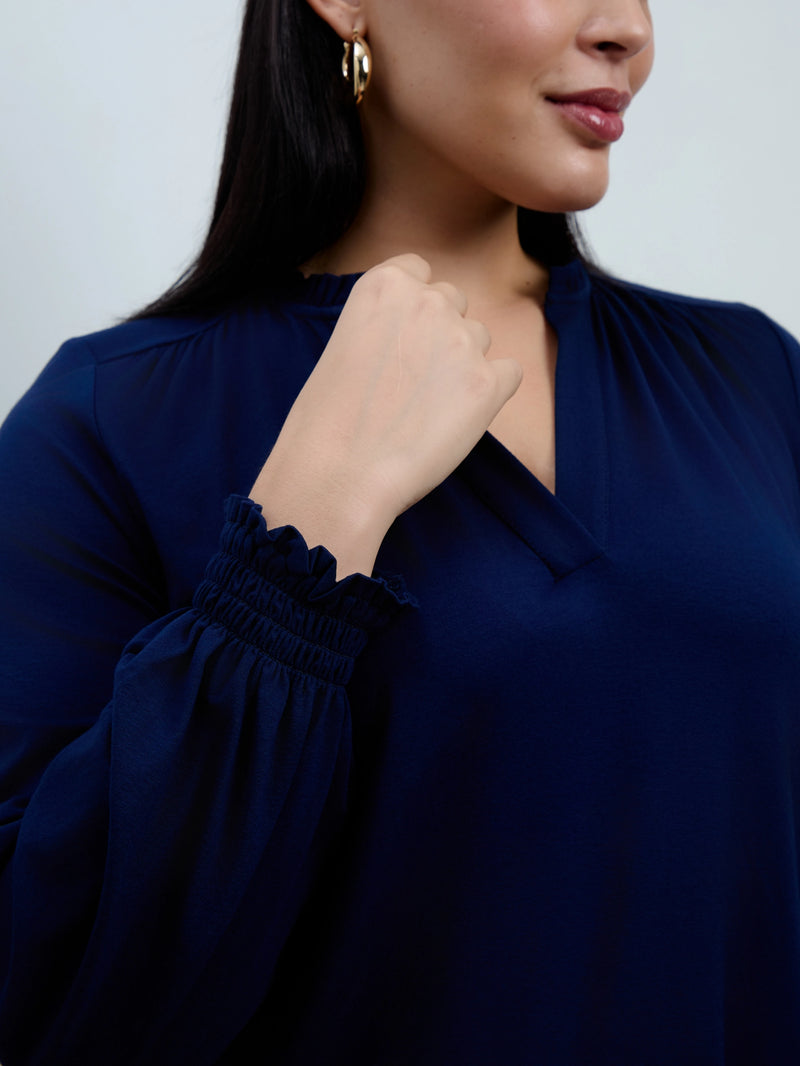 Navy Jersey Ruffle Neck Long Sleeve Blouse