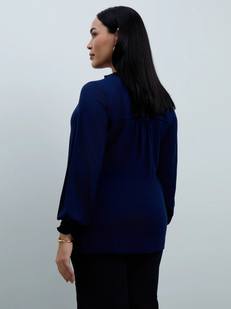 Navy Jersey Ruffle Neck Long Sleeve Blouse