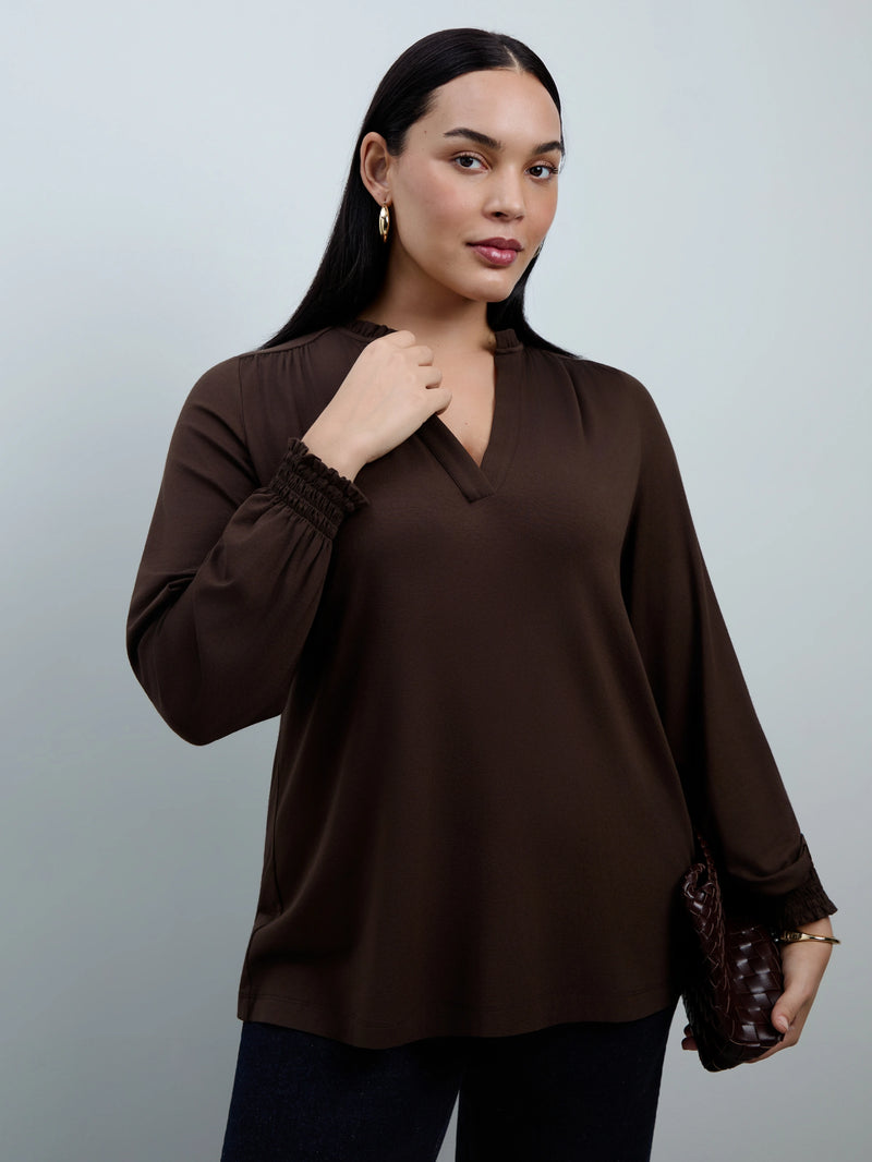 Chocolate Jersey Ruffle Neck Long Sleeve Blouse