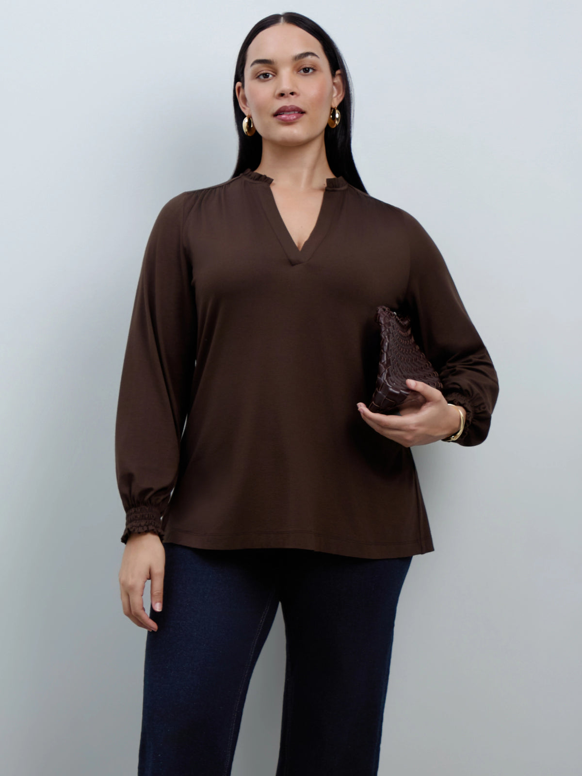 Chocolate Jersey Ruffle Neck Long Sleeve Blouse