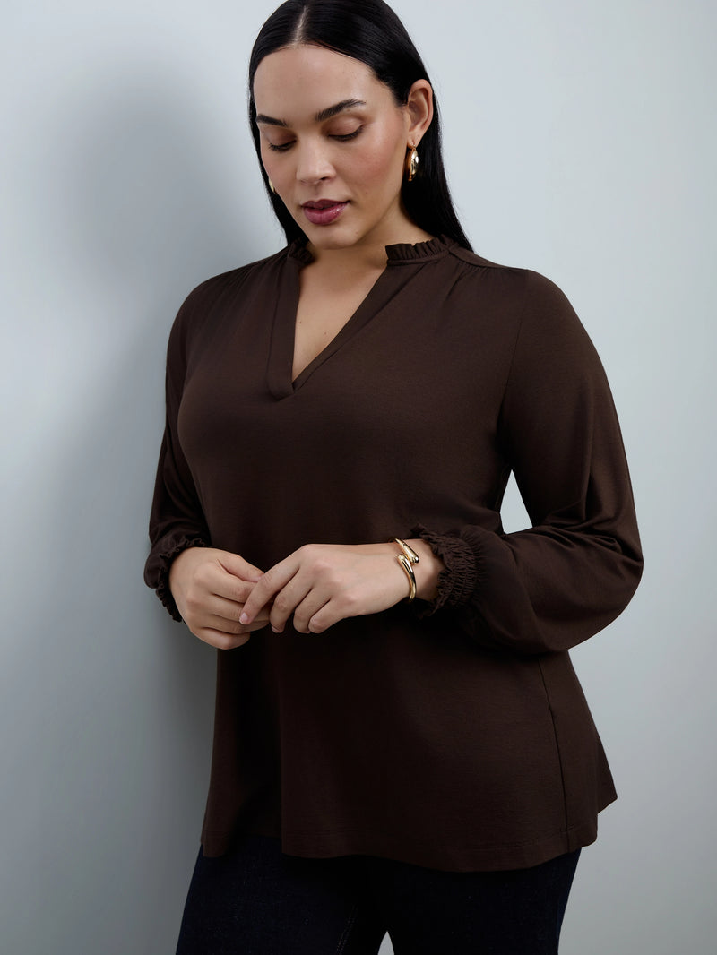 Chocolate Jersey Ruffle Neck Long Sleeve Blouse