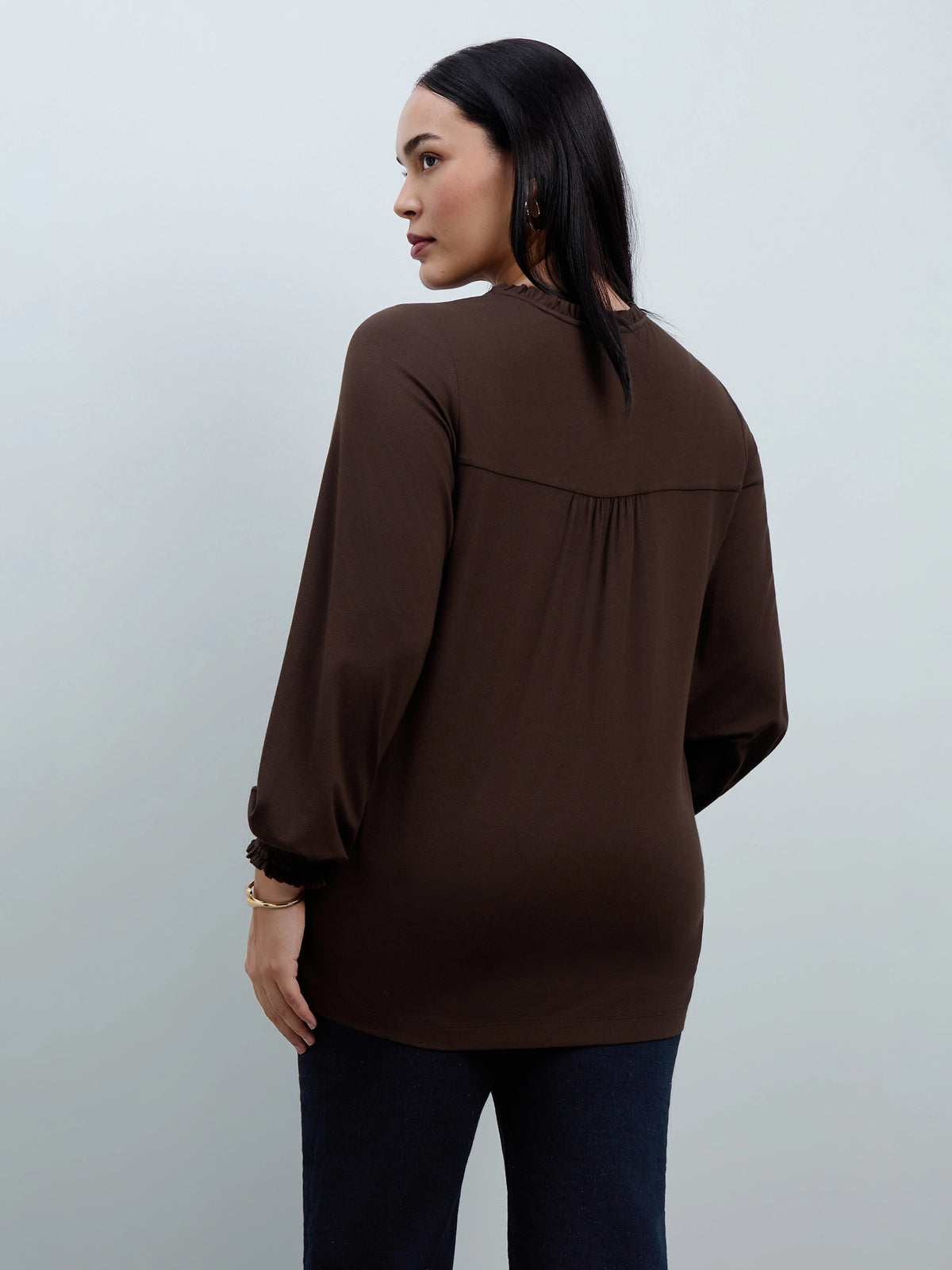 Chocolate Jersey Ruffle Neck Long Sleeve Blouse