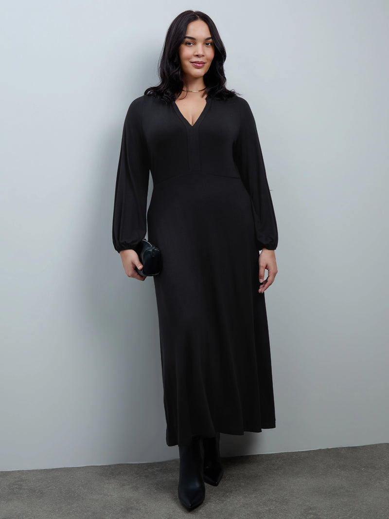 Black Jersey Neck Frill Midaxi Dress