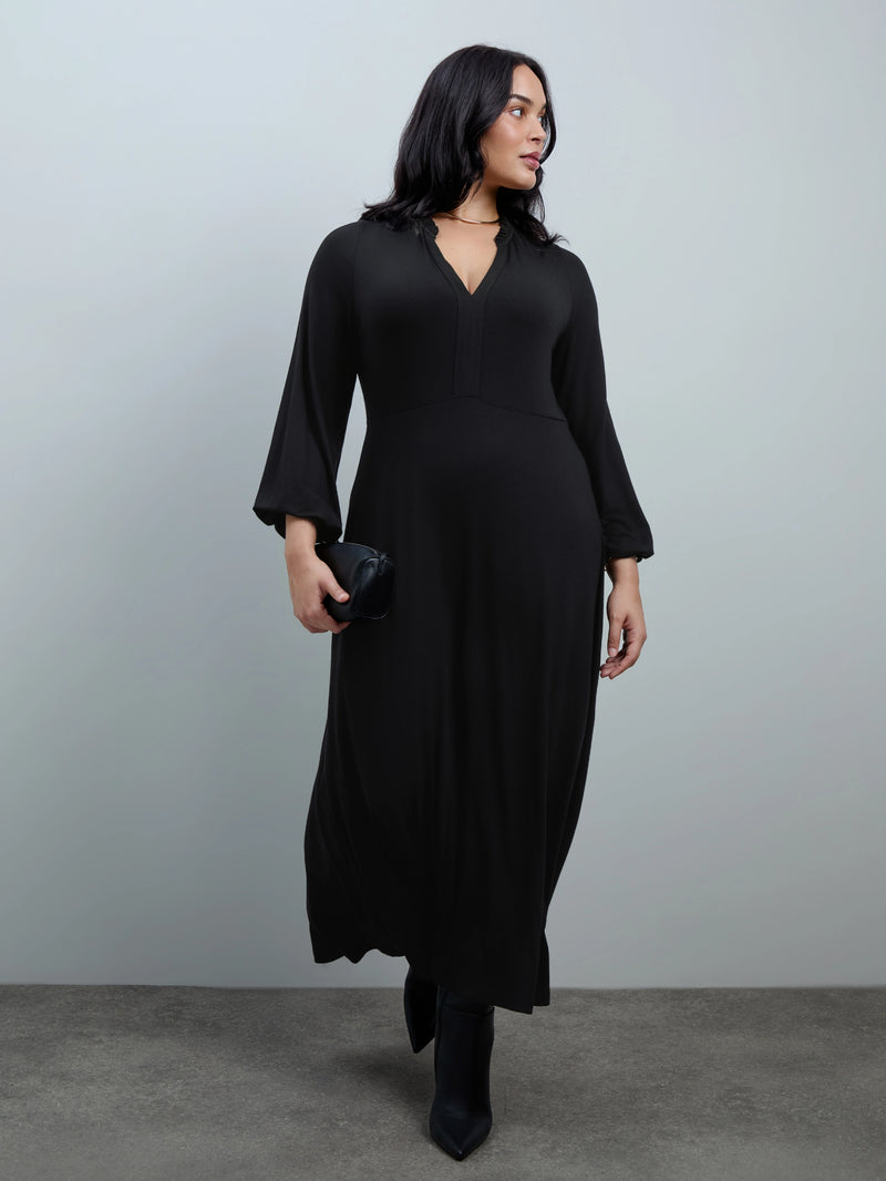 Black Jersey Neck Frill Midaxi Dress