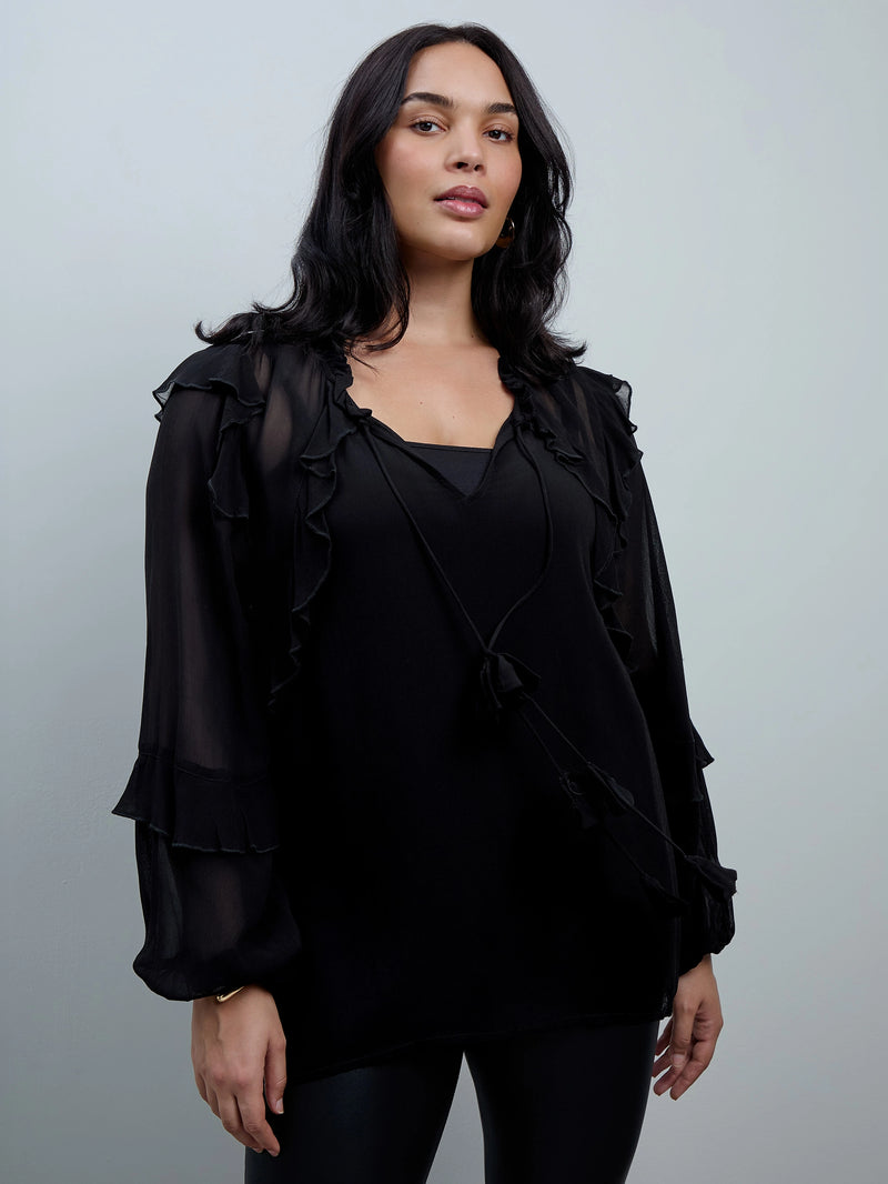 Black Ruffle Tie Neck Blouse