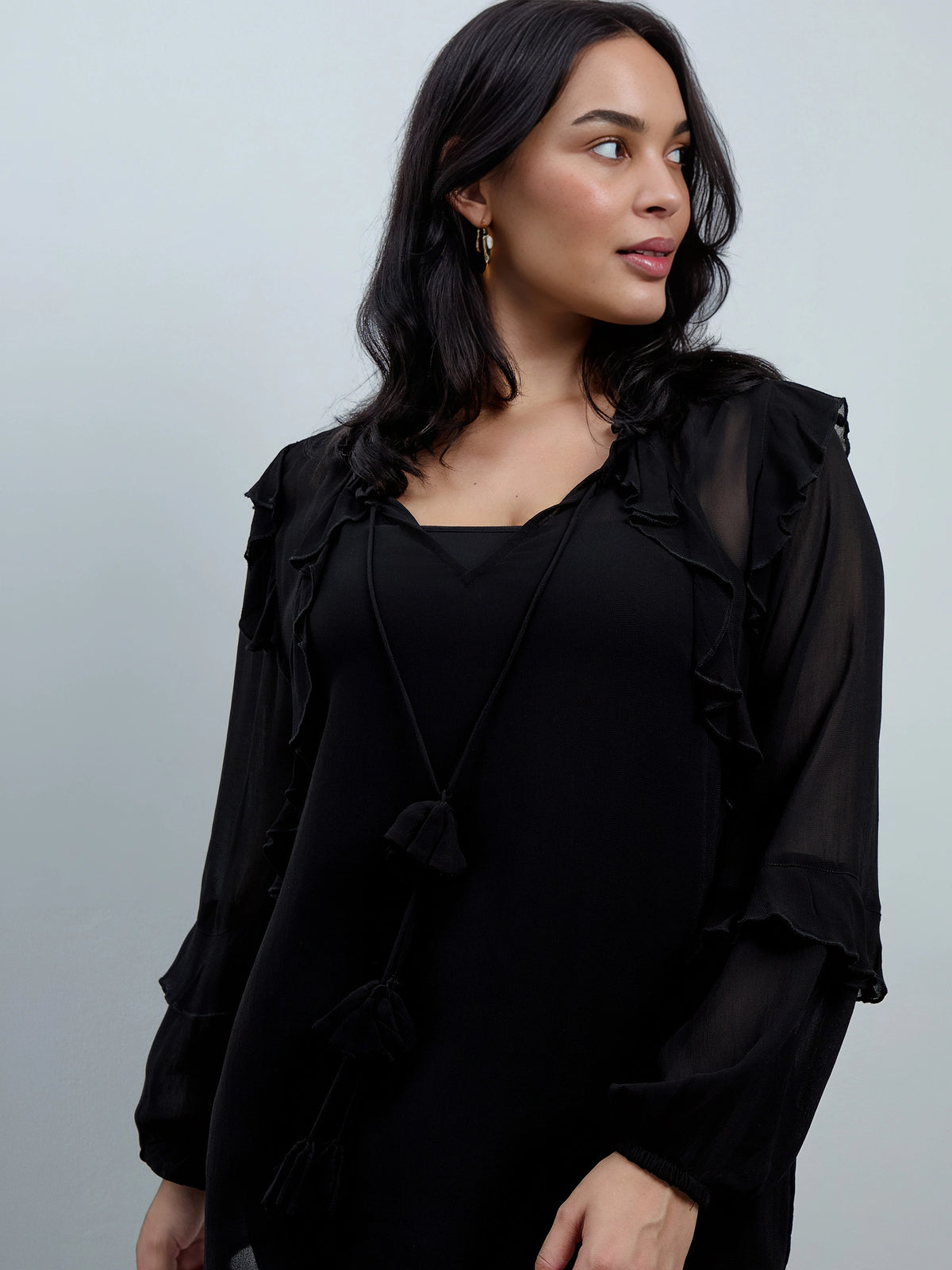 Black Ruffle Tie Neck Blouse