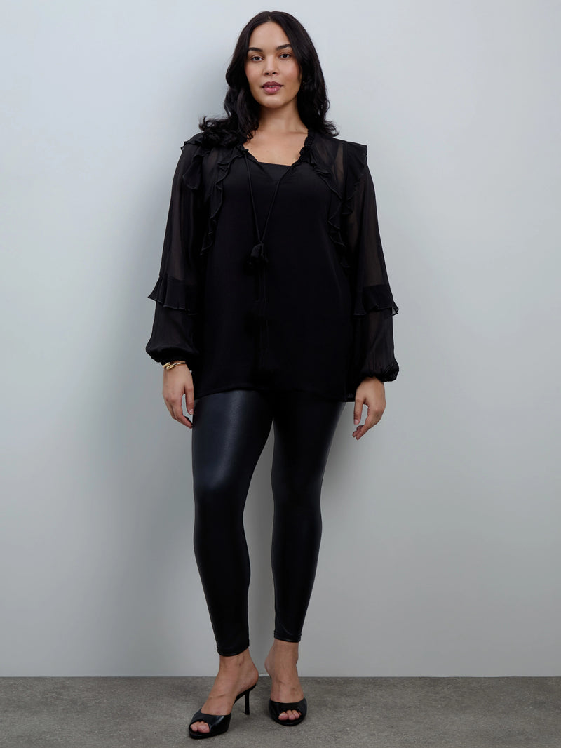 Black Ruffle Tie Neck Blouse