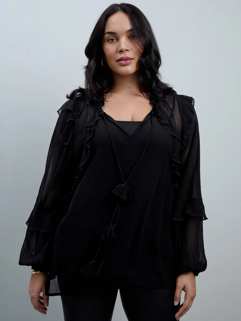 Black Ruffle Tie Neck Blouse
