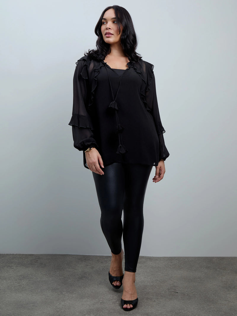 Black Ruffle Tie Neck Blouse