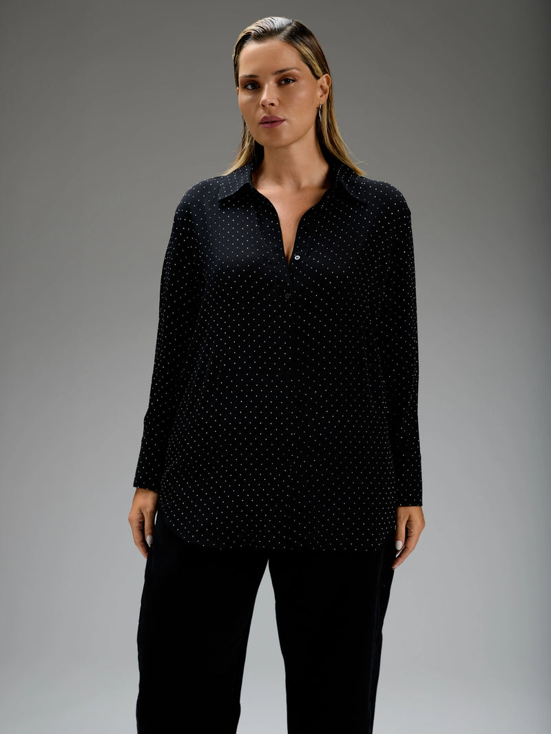 Black All-Over Embellishment Button Through Shirt