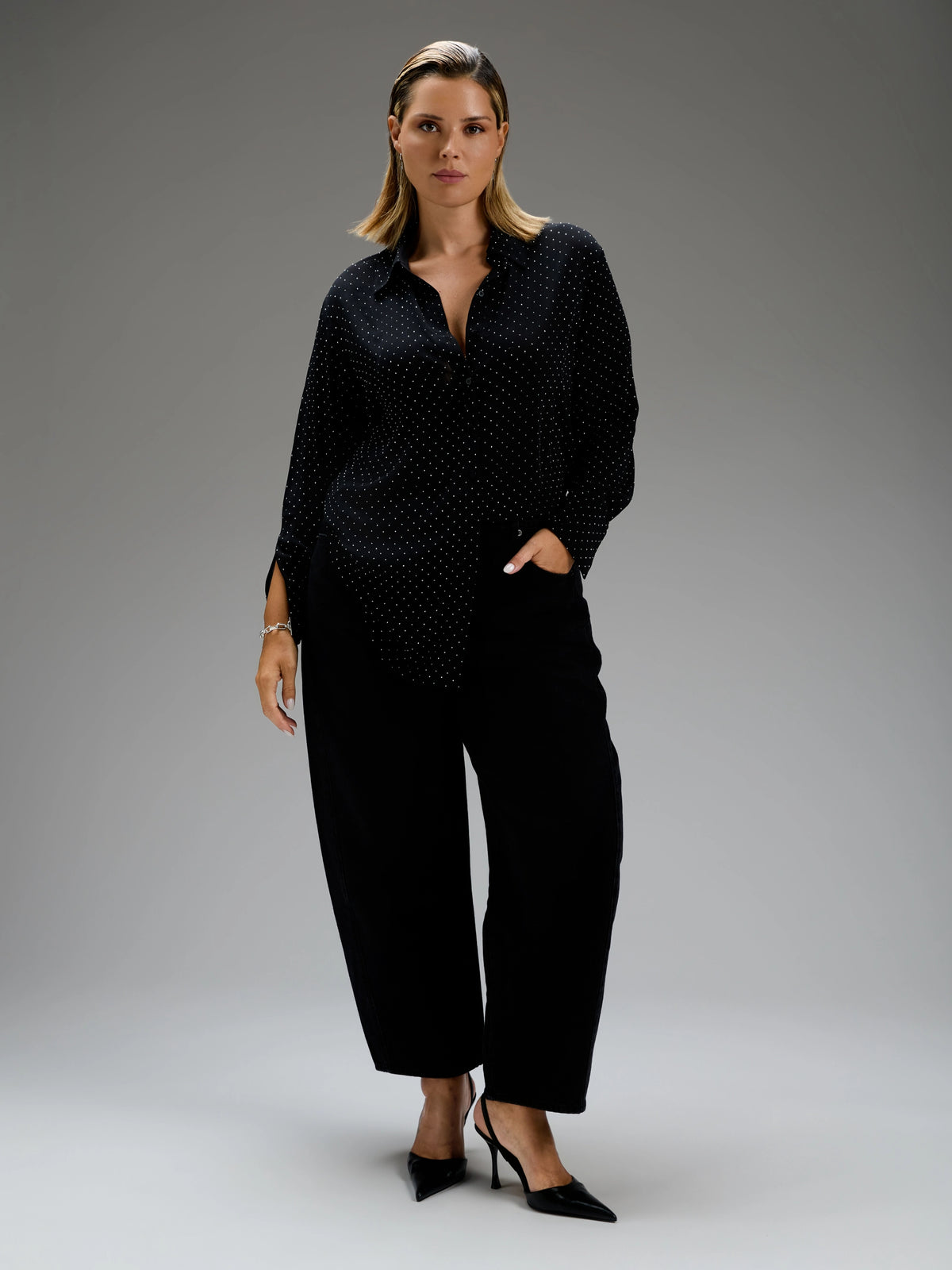 Black All-Over Embellishment Button Through Shirt