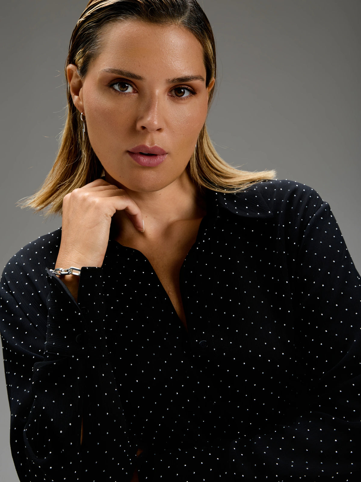 Black All-Over Embellishment Button Through Shirt