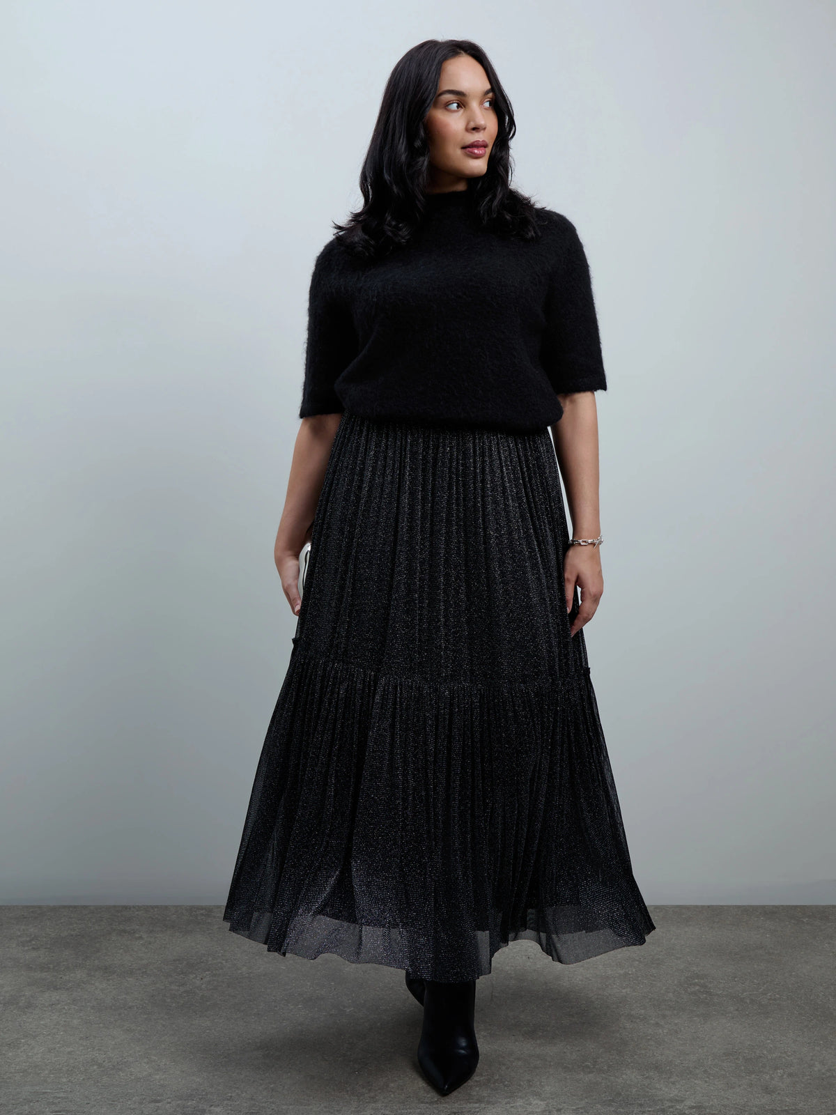 Black Sparkle Tiered Maxi Skirt