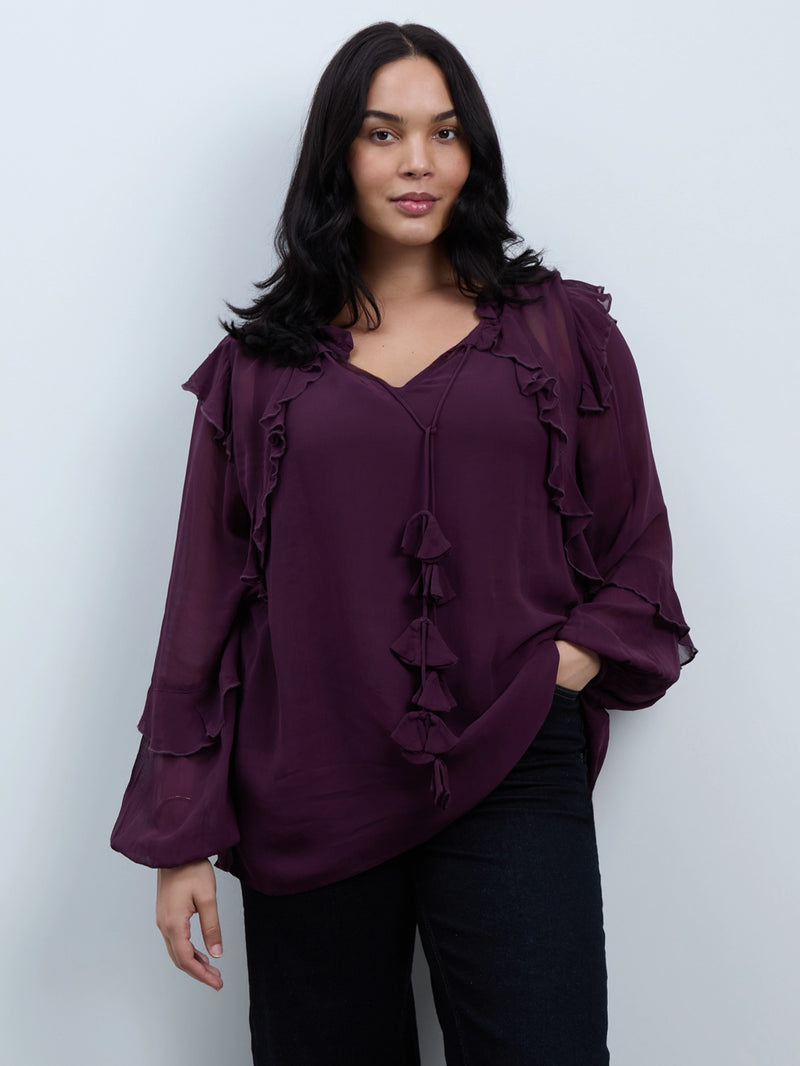 Plum Ruffle Tie Neck Blouse