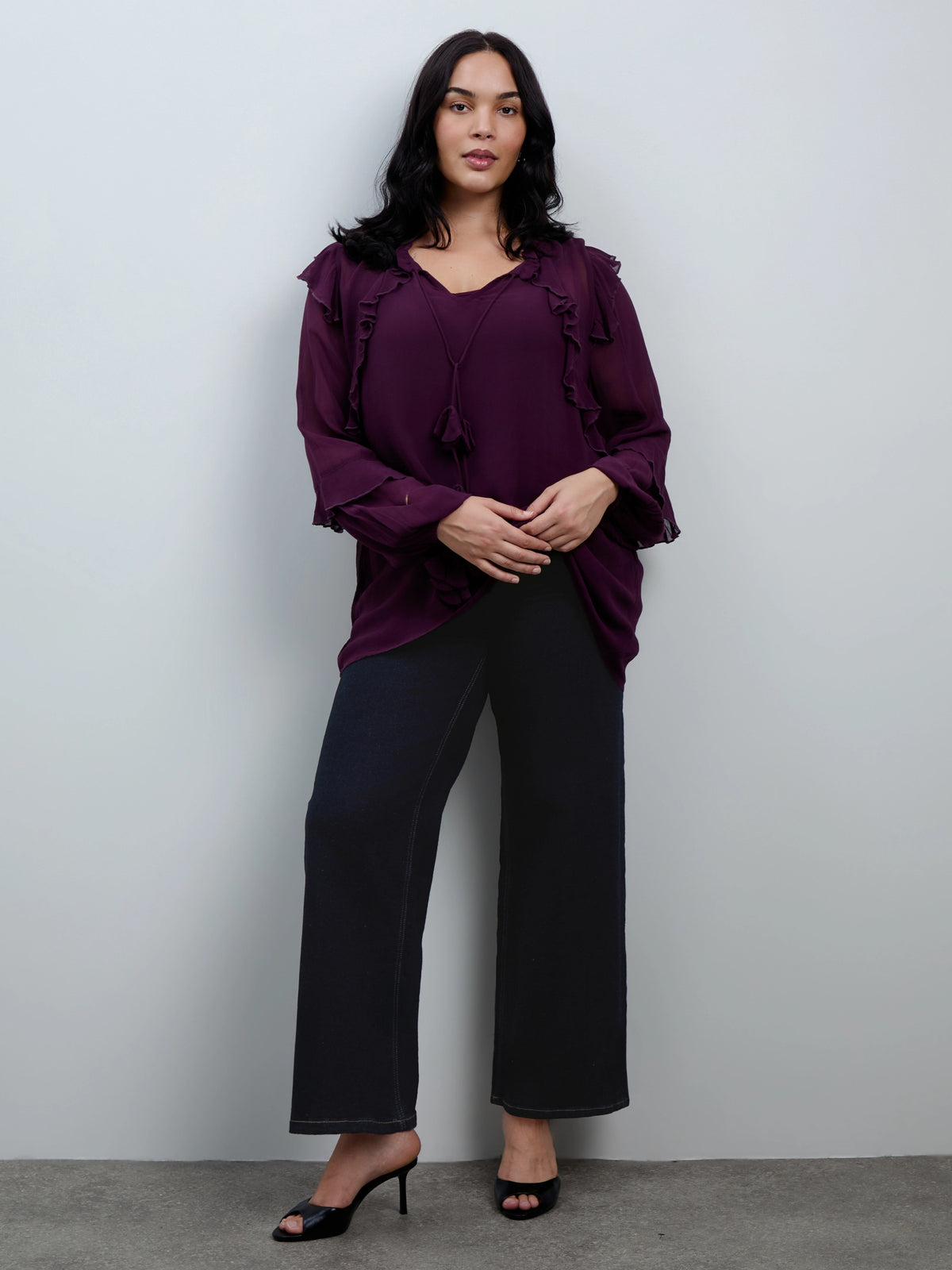 Plum Ruffle Tie Neck Blouse