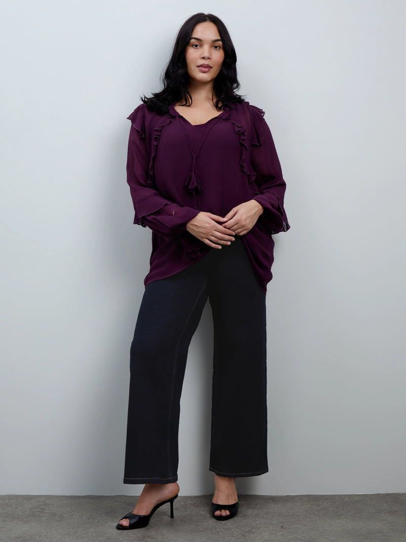 Plum Ruffle Tie Neck Blouse