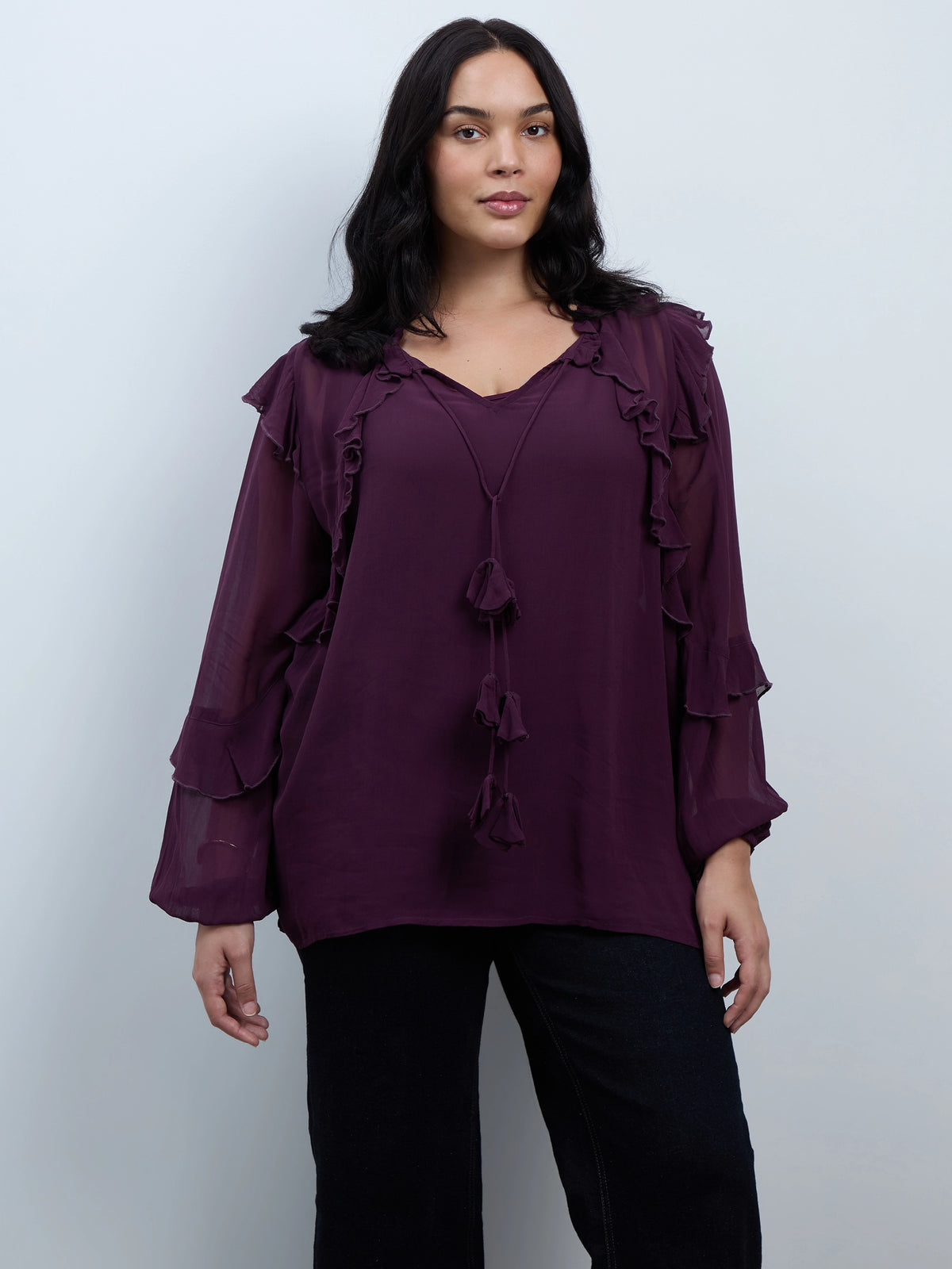 Plum Ruffle Tie Neck Blouse