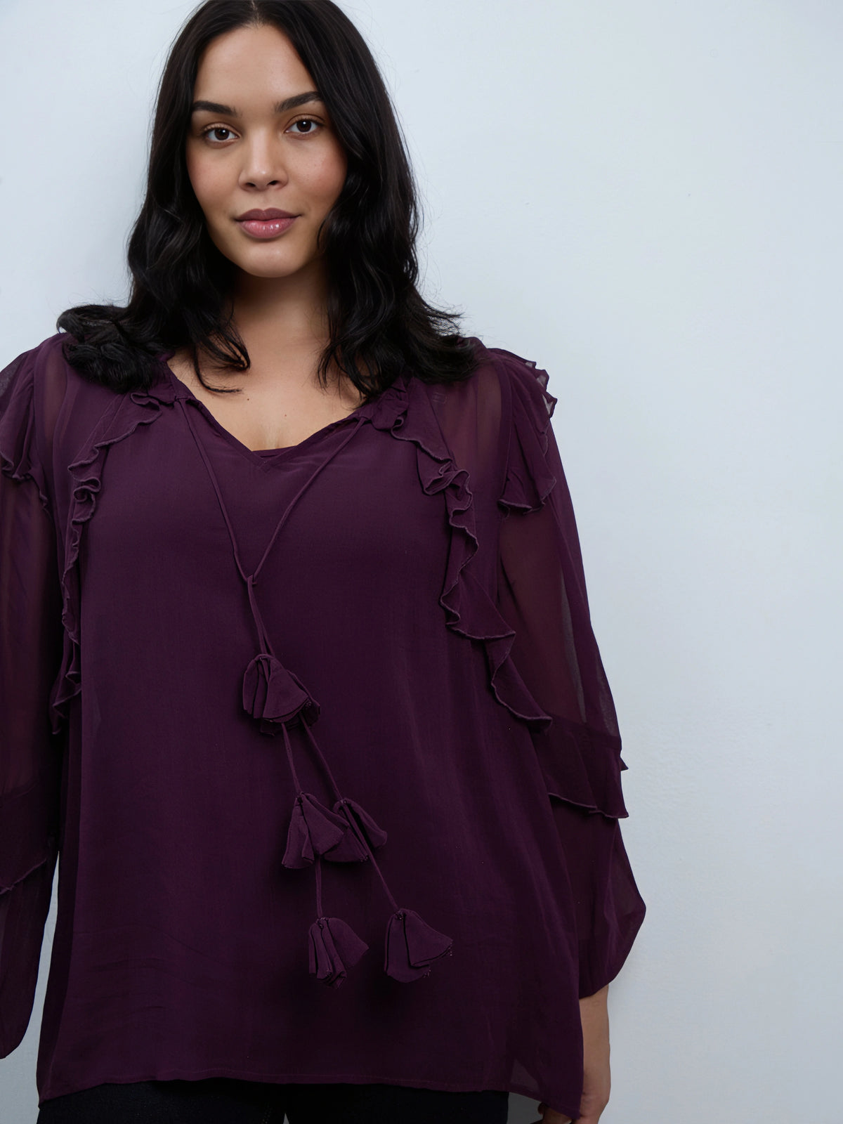 Plum Ruffle Tie Neck Blouse