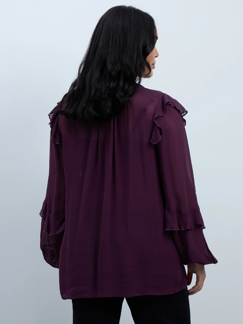 Plum Ruffle Tie Neck Blouse