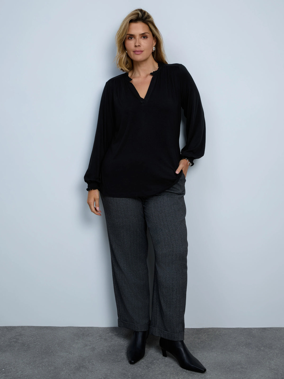 Grey Herringbone Wide Leg Trouser