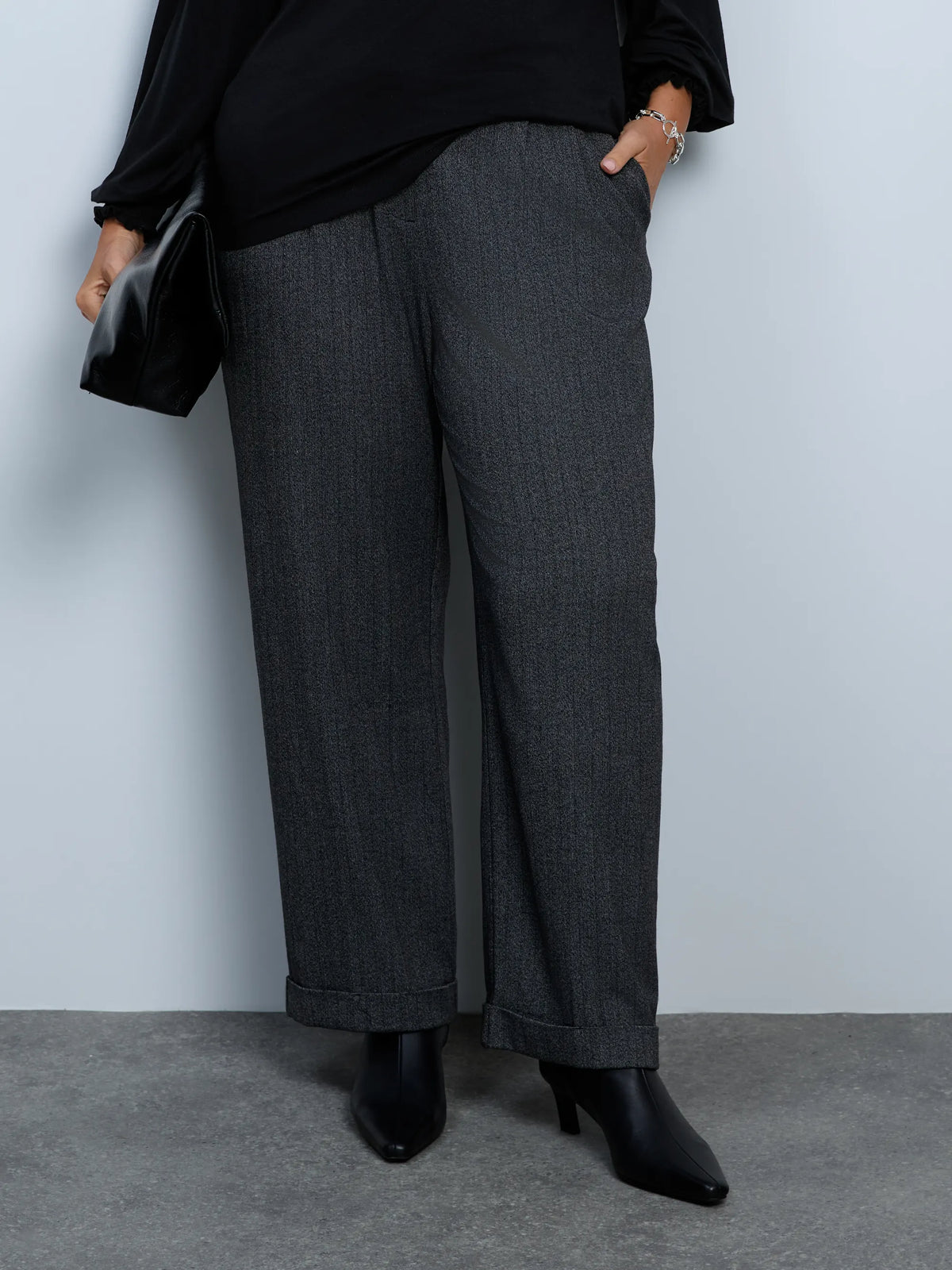 Grey Herringbone Wide Leg Trouser