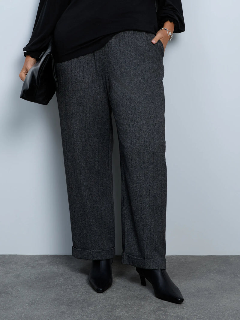 Grey Herringbone Wide Leg Trouser