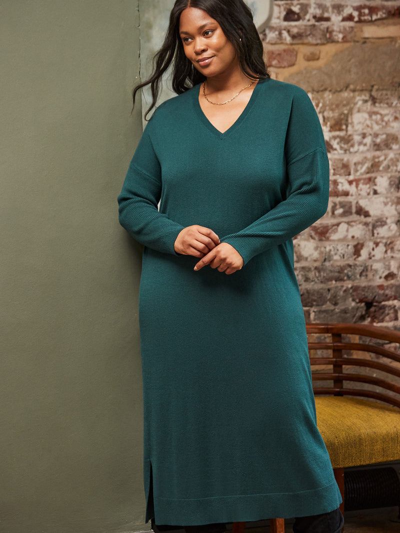 Green V Neck Knit Jumper Dress
